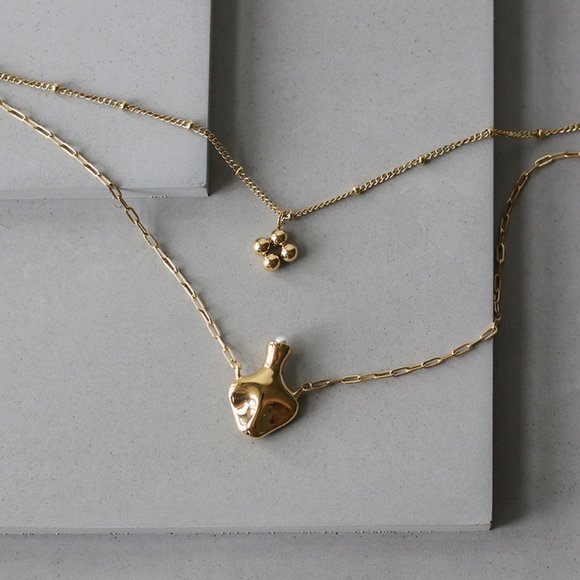 NEW 18K Gold Plated Bead Clover Pearl Flower Vase Double Layer Chain Necklace - Picture 2 of 12